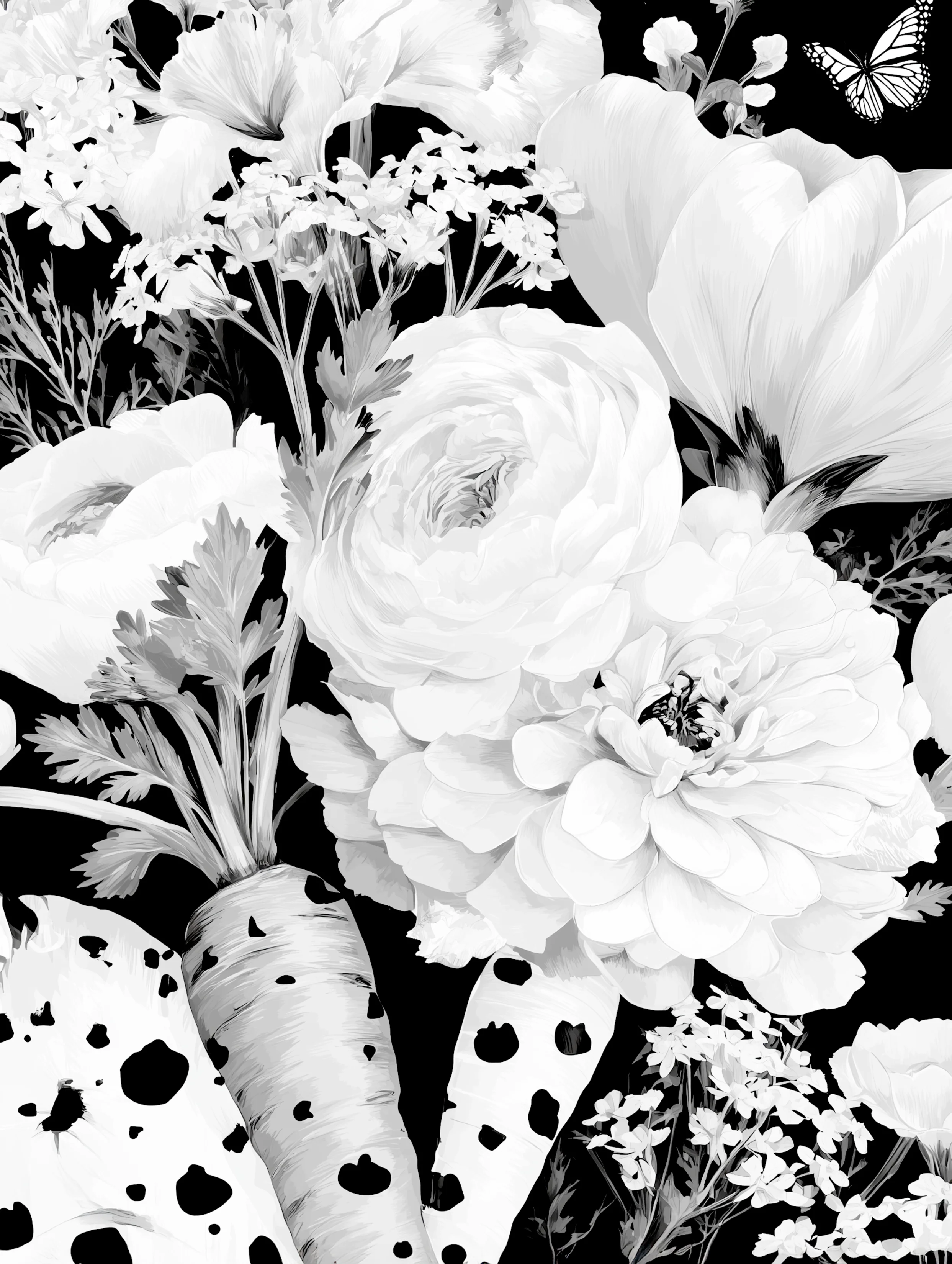 Free printable carrot coloring page for adults featuring dotted carrots and flowers